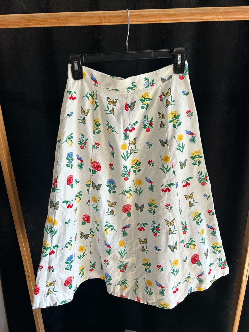 Ann Taylor White A-Line Skirt with Multicolor Floral, Bird & Butterfly Print